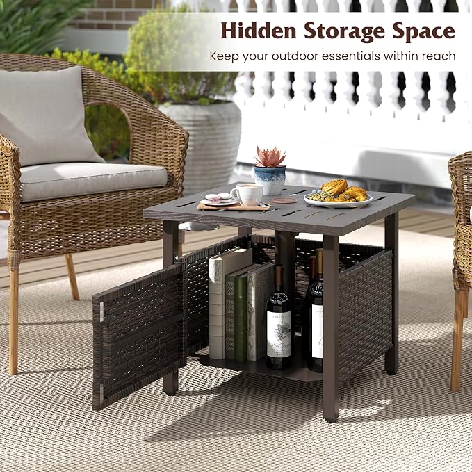 RELAX4LIFE Wicker Outdoor Side Table - Rattan Square Patio End Table with 1.93’’ Umbrella Hole, 2 Weighted Sand Bags & Rustproof Frame, Outside Umbrella Stand for Garden Deck Porch Poolside Backyard