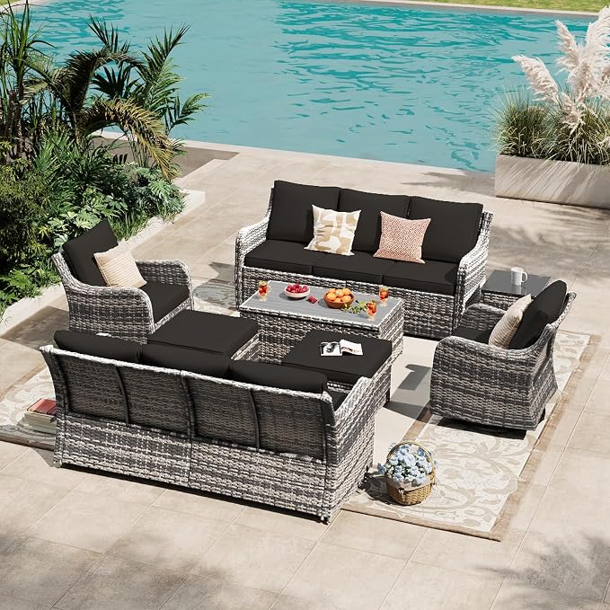 MEISSALIVVE Outdoor Patio Furniture Set with Swivel Chair, 8 Pieces Patio Conversation Set, Patio Sectional Furniture Set with 2 Three-seat Sofa, 2 Ottomans and Coffee Table (Black)