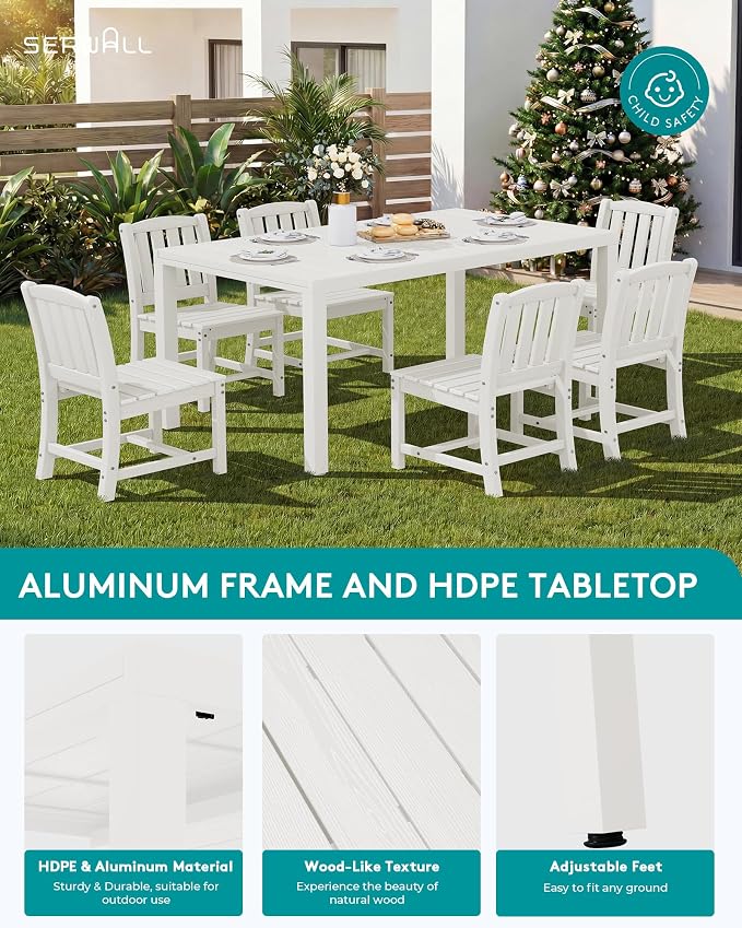 SERWALL Outdoor Patio Dining Set for 6, White | 60" - 83" Expandable Outdoor Dining Table and 6 HDPE Chairs, All Weather Material Outdoor Furniture Set Backyard, Garden