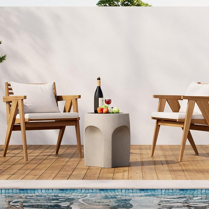 HOMPUS Outdoor Side Table Set of 2, Unique Concrete End Table w Arch Shape, Round Patio Accent Table Lightweight, Modern Vintage Garden Tool for Indoor Use, Grey