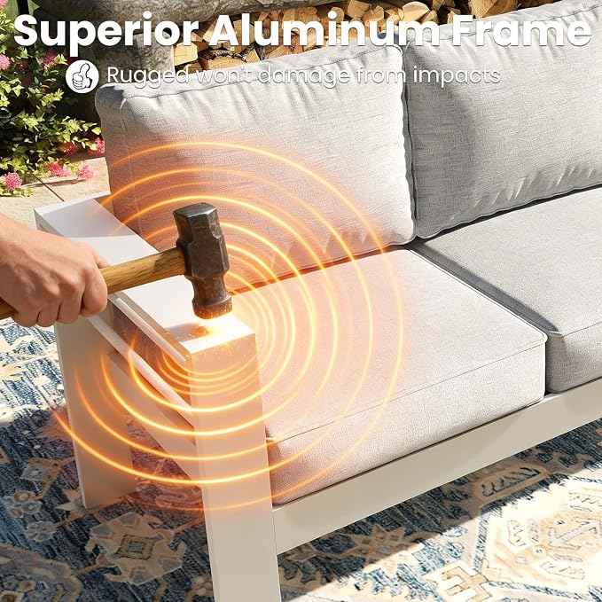 4 Pieces Modern Aluminum Patio Furniture Set with Fire Pit Table, Outdoor Conversation Sets Metal Sectional Sofa