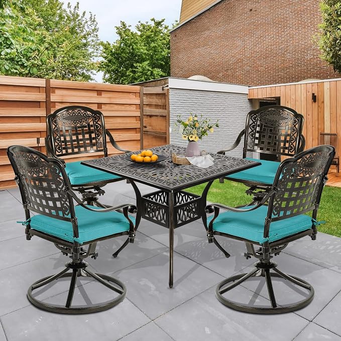 5 Piece Patio Dining Set, Outdoor Table and Chairs Set for 4 Cushioned Swivel Rocking Chairs and 35.4'' Square Table, All-Weather Cast Aluminum Patio Funiture Set, 2.2'' Umbrella Hole, Blue