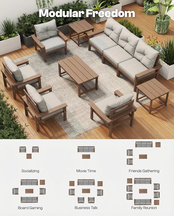 HDPE Outdoor Patio Furniture Set, 6-Piece Patio Conversation Sets with Coffee Table & Side Table & Grey Washable Thick Cushions, Outdoor Sofa for Balcony, Porch, Poolside (Teak Frame)