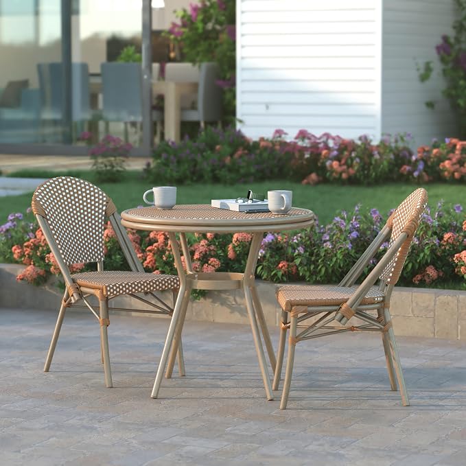 EMMA + OLIVER Colmar Indoor/Outdoor Bistro Table - Natural & White Woven PE Rattan Pattern - Tempered Glass Top - Light Bamboo Finish Metal Frame - 31.5 in.