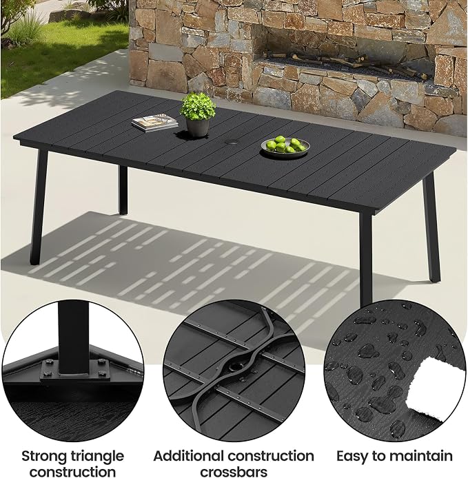 Crestlive Products Outdoor Dining Table for 6, 70" Rectangular Patio Table with Metal Frame 1.6" Umbrella Hole for Backyard Balcony Garden, Black