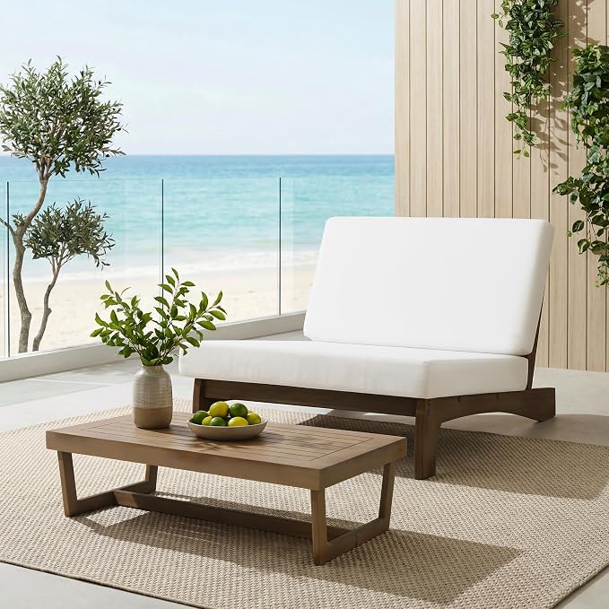 4 Piece Wood Outdoor Patio Frutnire Set, 4 Seater Patio Conversation Sets with Thick Cushions, Outdoor Sectional Furniture with Coffee Table - Beige