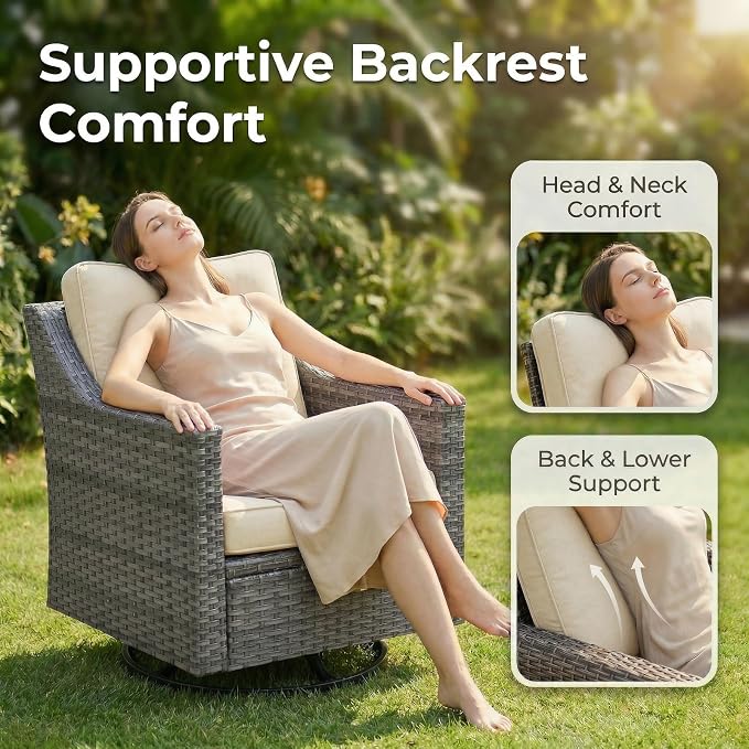 6-Piece Outdoor Patio Furniture Set, Grey Wicker Conversation Set with 2 Sofas, 2 Swivel Chairs and 2 Ottomans, 6-Inch Beige Cushions for Deck, Backyard, Poolside