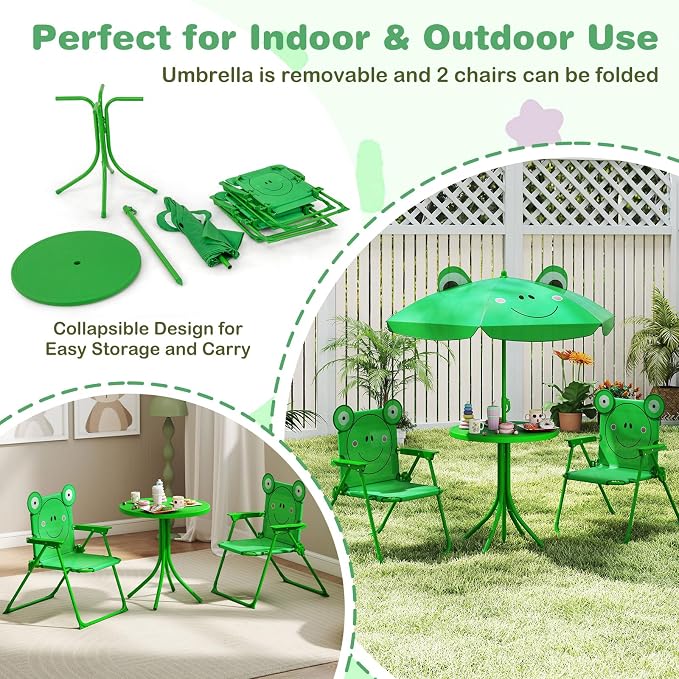 KOTEK Kids Picnic Table with Umbrella, Outdoor Table & 2 Folding Chairs, Cute Pattern Children’s Patio Furniture, Portable Kids Table and Chair Set for Backyard, Garden, Beach (Green)