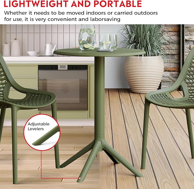 Costaelm Patio Table for 4-Person, Outdoor Patio PP Round Dining Table, All-Weather Bistro Dining Table for Backyard Deck Porch Poolside, Olive Green