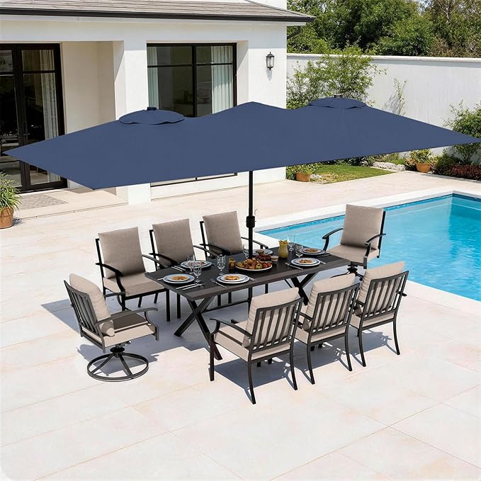 10 Piece Outdoor Dining Set for 8, Patio Table and Chairs Set with Umbrella, Metal Patio Furniture Set with 2 Swivel Chairs, Outdoor Table and Chairs with Cushions for Lawn, Garden, Yard-Sand
