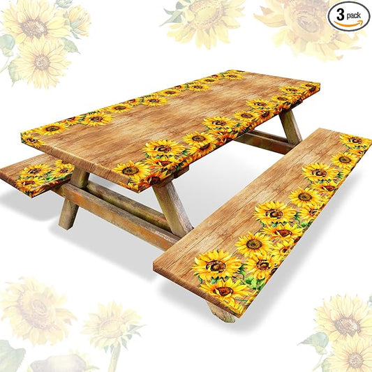 Boao 3 Pcs Vinyl Picnic Table Cover with Bench Cover 6 ft 30 x 72 Inch Waterproof Fitted Tablecloth Flannel Backing Rectangular Elastic Edged for Camping Outdoor Patio Travel(Retro Sunflower)
