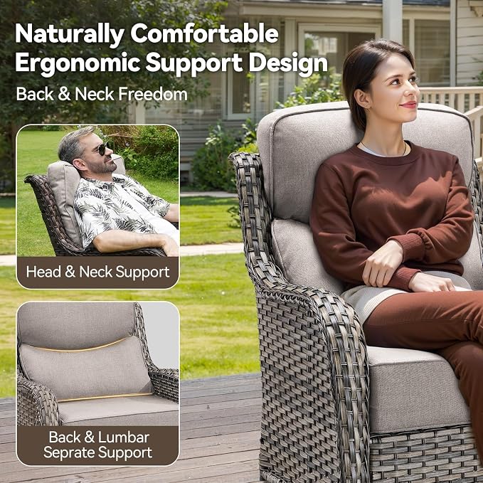 HUMMUH Outdoor Patio Wicker Swivel Rocker Chairs Set of 2 with 6-Inch Thick Cushion High Back Wicker Conversation Set for Porch Balcony Deck
