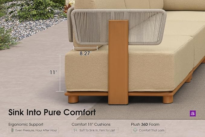 PURPLE LEAF Patio Furniture Set Modular L-Shaped Outdoor Sectional Sofa with 11" Thick Olefin Cushion 14-Piece Outdoor Conversation Set with Tables & White Lights for Backyard Garden Poolside, Beige
