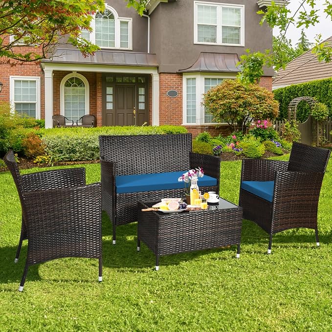 Tangkula 4 Pieces Patio Rattan Conversation Set with Tempered Glass Coffee Table & Thick Cushion, Wicker Set for Garden, Lawn, Poolside and Backyard
