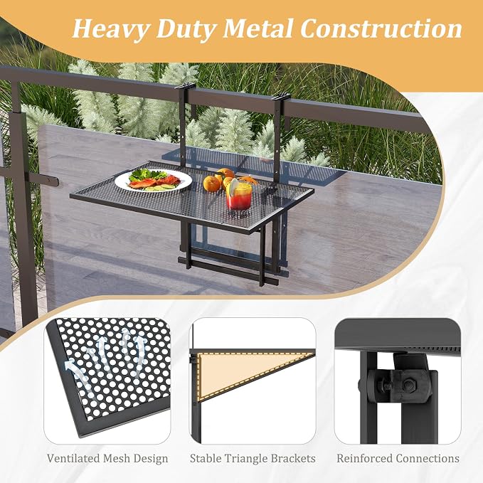 LDAILY Balcony Railing Table, Large Metal Folding Hanging Table with 5-Level Adjustable Height, Heavy-Duty Outdoor Bar Table Fits 1.4”-4” Railings for Patio, Porch, Deck, Black