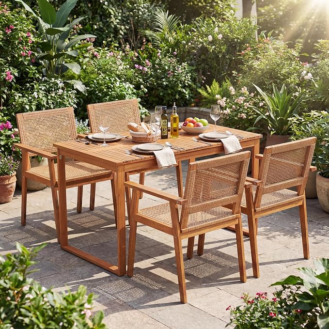 Tangkula 5 Pieces Acacia Wood Outdoor Dining Set, Outdoor Wood Table and Rattan Chairs for 4, Patio Dining Sets for Balcony Poolside Garden Backyard
