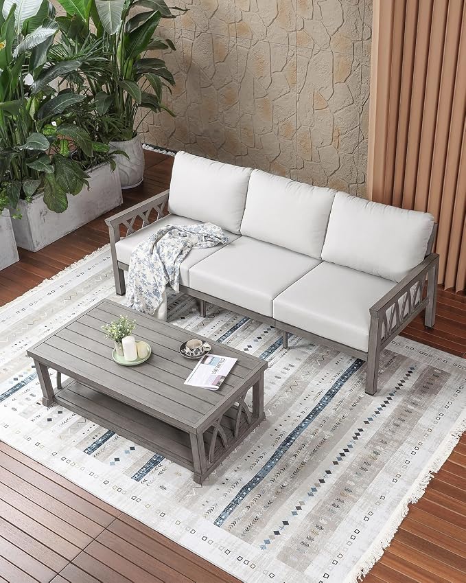 Outdoor Aluminum 3-Seat Sofa, Patio Couch with 5.9'' Thick Cushions, Weather-Resistant Outdoor Club Sofa Couch, Modern 3 Seats Outside Sofas Furniture for Garden, Porch, Balcony, Limed Oak