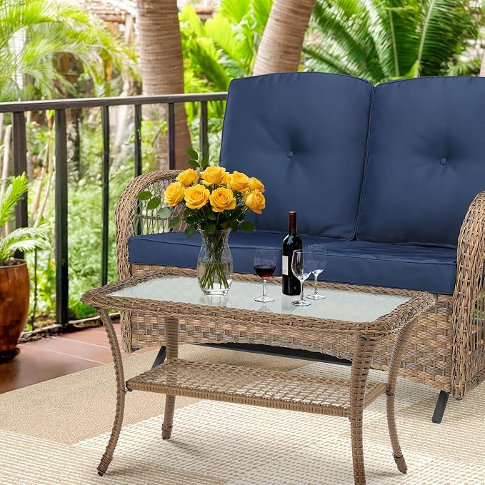 MEETWARM Wicker Patio Coffee Table, 34.5" Rectangle Outdoor Coffee Table with Tempered Glass Top and 2-Tier Storage Shelf, All-Weather Rattan Patio Side Table for Outside Poolside Deck Garden, Brown