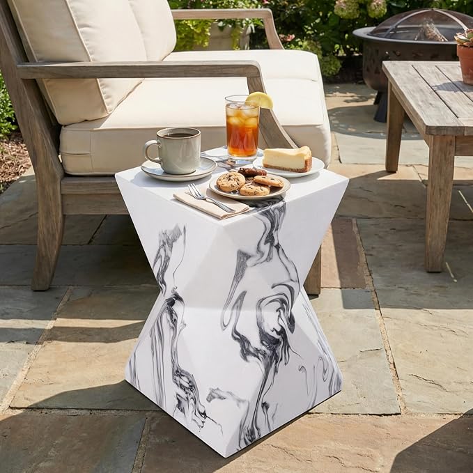 Outdoor Side Table Faux Marble Square Side Table Hourglass End Tables Small Coffee Tables for Patio Garden Stool for Porch, Backyard Balcony,12.2",Weather Resistant, White & Black