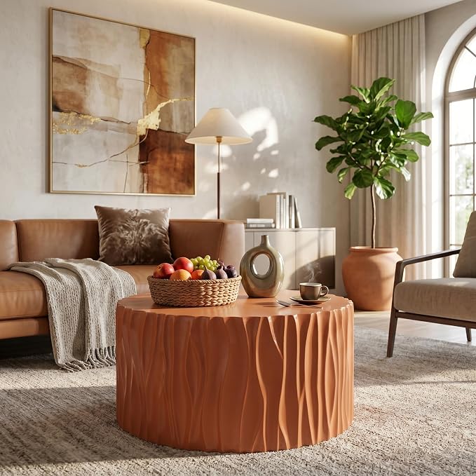 Terracotta Round MGO Coffee Table, Wave Textured Cylindrical Side Table, Indoor & Outdoor Multi-Use Accent Table for Living Room Patio Garden