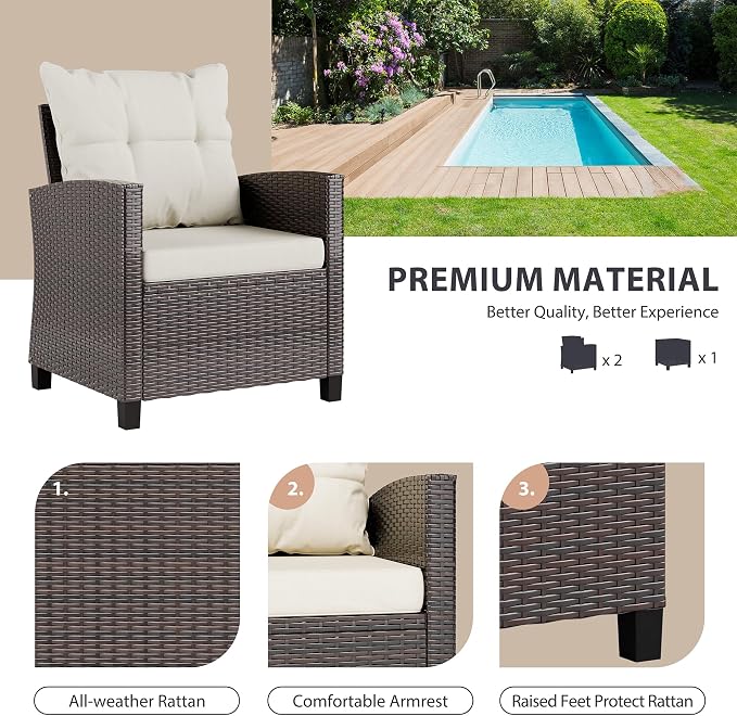 Vongrasig 3 Pieces Patio Furniture Set Small Outdoor Wicker Rattan Front Porch Bistro Set Cushioned Patio Chairs Conversation Set with Glass Table for Lawn, Garden, Backyard, Balcony, Beige