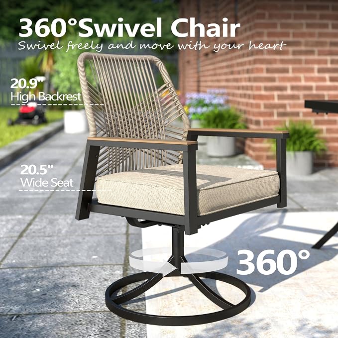 MIXPATIO 5 Pieces Outdoor Patio Dining Set, 42" Round Metal Table with Umbrella Hole, 4 x Swivel Rope Rattan Chairs with 3.2" Cushion for Yard, Porch, Beige