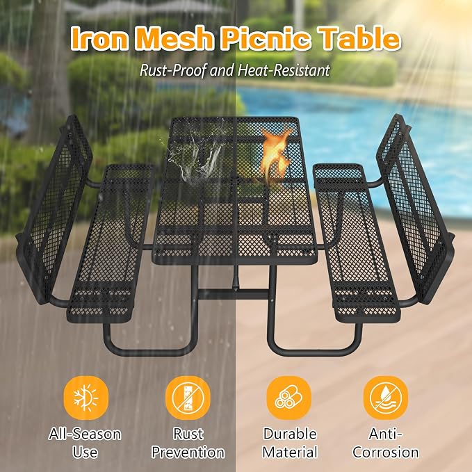 72'' Heavy Duty Outdoor Picnic Table with Backrest - Commercial Grade Rectangular Steel Picnic Table Set, Umbrella Hole, Rust-Resistant Metal Mesh Tabletop for Patio, Garden, Park, BBQ - Black