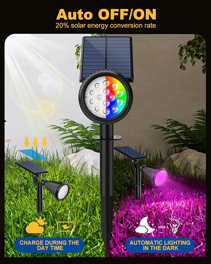 Solar Spot Lights Outdoor Color Changing, 7 Modes/14 LED Outdoor Solar Lights for Yard, Waterproof RGB Multicolor Solar Landscape Spotlights Auto On/Off for Flood, Yard, Tree, Pathway, 8 Pack