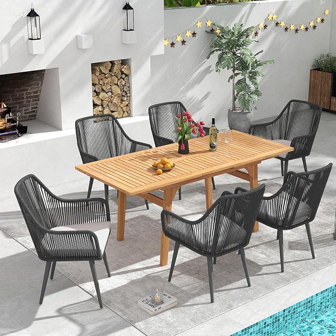 Patiorama 7-Piece Outdoor Dining Set, Patio Wicker Dining Table Chair Set with 55"-71" Acacia Wood Expandable Table & Twisted Rattan Rope Chairs, All-Weather Dining Furniture Set for Yard Garden,Black
