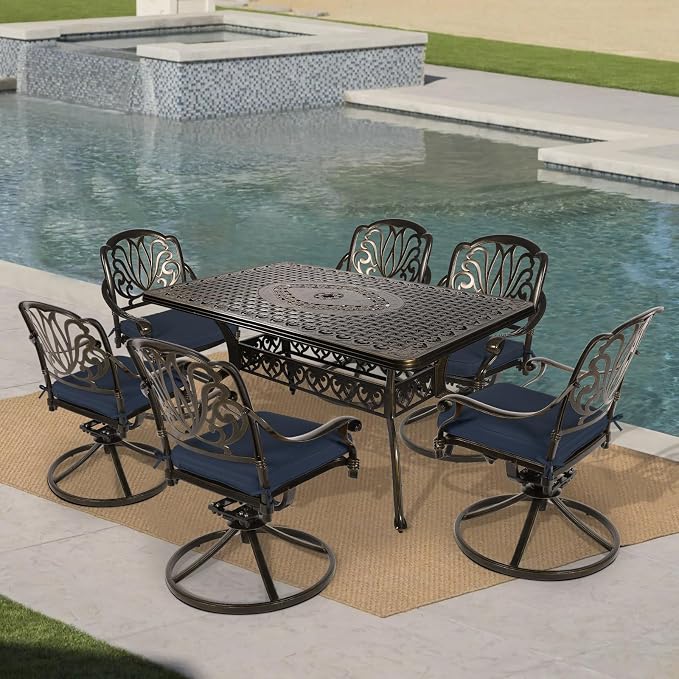VIVIJASON 7-Piece Outdoor Furniture Dining Set, All-Weather Cast Aluminum Conversation Set Includes 6 Swivel Dining Chairs and a Rectangle Table with Umbrella Hole for Patio Garden, Navy Blue Cushion