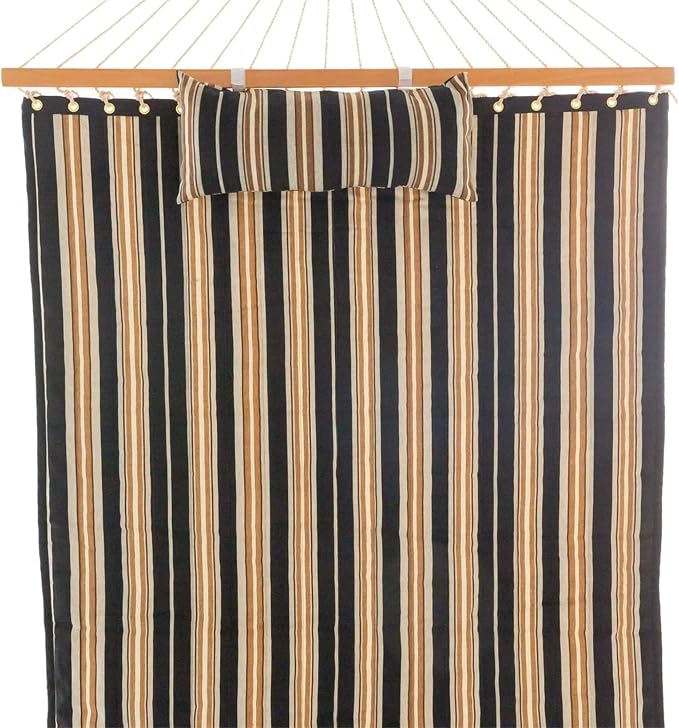 Castaway Living Large 2-Person Quilted Hammock with Stand & Pillow – Beige & Black Stripe, 10 ft. L x 52 in. W, 350 lb Capacity, Weather-Resistant Polyester, Portable Space-Saving Frame