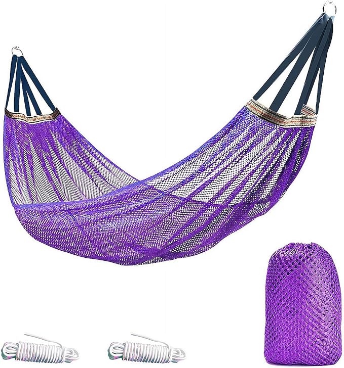 Outdoor Hammock, Load Bearing Camping Hammock, Super Soft and Breathable Nylon Mesh Hammock, with Portabl Carry Bag, Handwoven Mayan Family Hammock, for Outside Outdoor Patio Backyard (Purple)