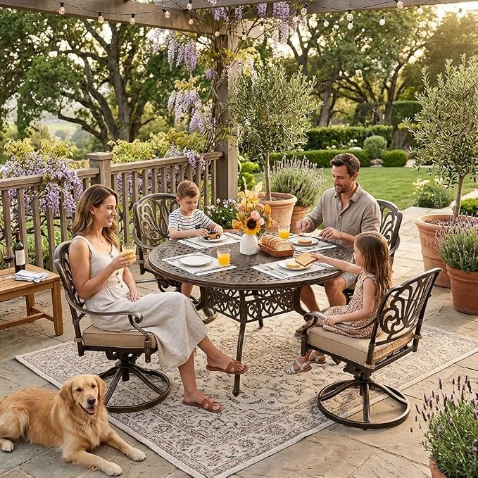 5-Pcs Cast Aluminum Patio Dining Set with 4 Swivel Chairs,Bronze | Outdoor Furniture Set Include 54" Round Dining Table and 4 Swivel Chairs with Cushions & Umbrella Hole