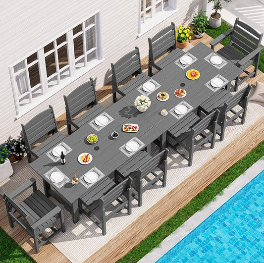 SERWALL HDPE Outdoor Dining Set for 10 with 2 Tables & 10 Chairs, Gray | Includes 2 Rectangular Tables(67") and 10 Chairs. All-Weather Resistant Dining Furniture