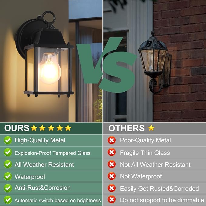 Dawn to Dusk Sensor Outdoor Wall Light Fixtures Waterproof Porch Lights Anti-Rust Black Exterior Lighting Fixtures Outdoor Wall Lantern for House -2 Pack