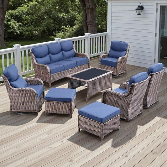 Rilyson Wicker Outdoor Patio Furniture Set - 8 Piece Patio Conversation Sets with Swivel Rocker Chairs, Ottomans, Sofa and Coffee Table, 6 inch Cushions, Deep Seating, for Porch Deck Brown/Blue