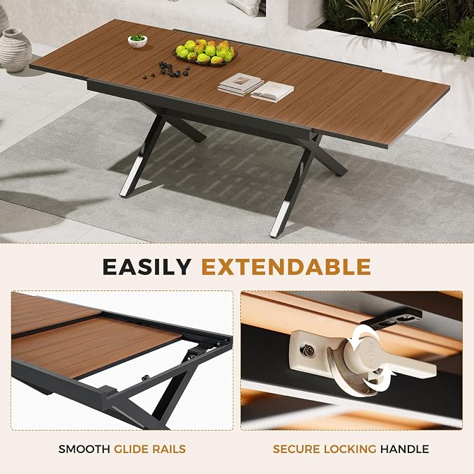 Grand patio Expandable Patio Dining Table, Extra Large 94.5" L x 37" W Outdoor Dining Table for 6-10 Person Wood Grain Rectangular Patio Table with E-Coating for Garden Porch Deck, Black