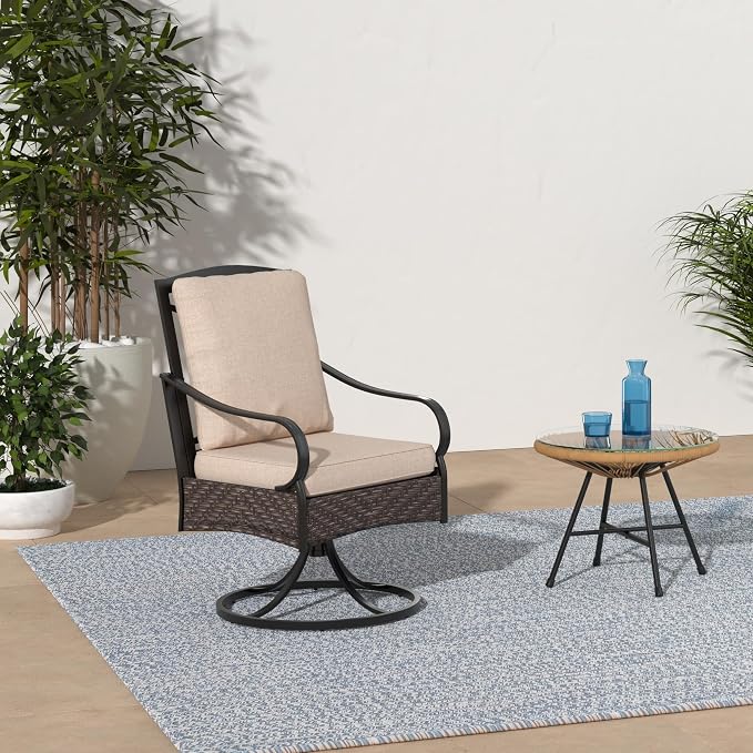 PHI VILLA Swivel Patio Dining Chairs Wicker Chairs Set of 2 with Cushions | Heavy Duty Outdoor Metal Wicker Dining Chair with Padded Cushions, Large All Weather Wrought Iron Patio Chair for Balcony