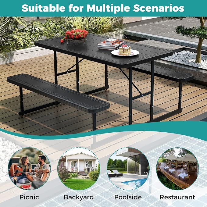 Byroce Outdoor Picnic Table for 4 Person, Rectangular Picnic Camping Table Set with Long Benches, Umbrella Hole & Metal Frame, Heavy Duty HDPE Dining Table Chairs for Patio, Yard & Poolside (Black)