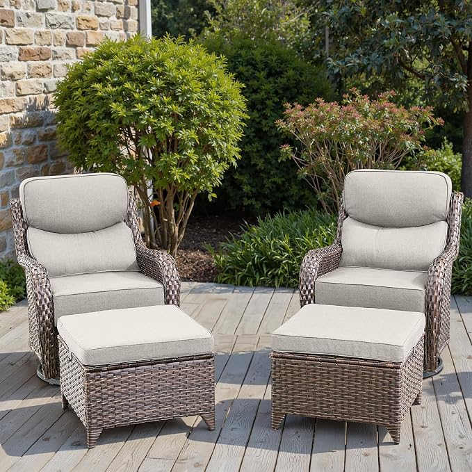 Swivel Patio Chairs sofa Set with 6" Thick Cushion - Wicker Outdoor Swivel Rocker Patio Chair with Side Table, High Back Comfortable Outdoor Glider Chairs - Brown Wicker | Beige Cushions | 4pcs