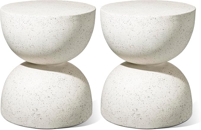 Glitzhome Outdoor Side Table, Round Small End Table with Terrazzo Finish MGO Hourglass Garden Stool, Set of 2 Lightweight Decorative Accent Table for Living Room Planter Stand Patio Pool Porch, White