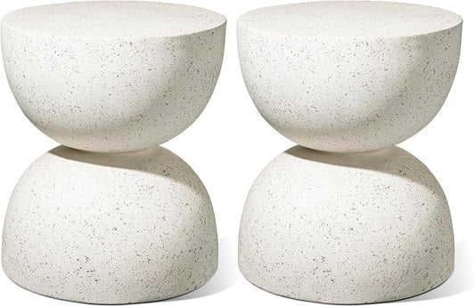 Glitzhome Outdoor Side Table, Round Small End Table with Terrazzo Finish MGO Hourglass Garden Stool, Set of 2 Lightweight Decorative Accent Table for Living Room Planter Stand Patio Pool Porch, White