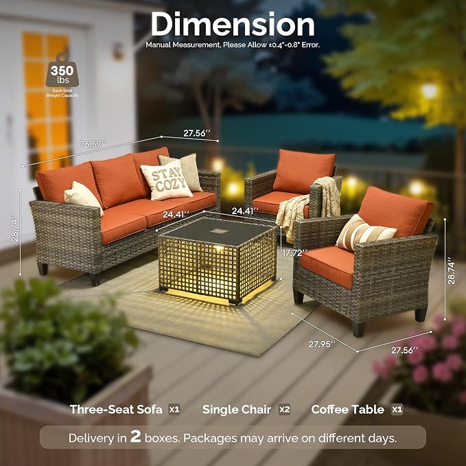 4 Piece Wicker Patio Furniture Set with Solar Table, Orange | Outdoor Deep Seating Sofa Chair, Solar Lights Table, All Weather Rattan, Modern Conversation Set, Porch Deck Backyard