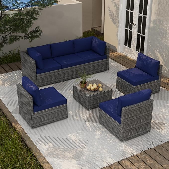 7 Piece Outdoor Sectional with Waterproof Cushions, Outdoor Patio Furniture Set with Coffee Table, Sectional Couch Sofa with Cushions, Wicker Outdoor Conversation Set for Backyard & Garden, Navy Blue