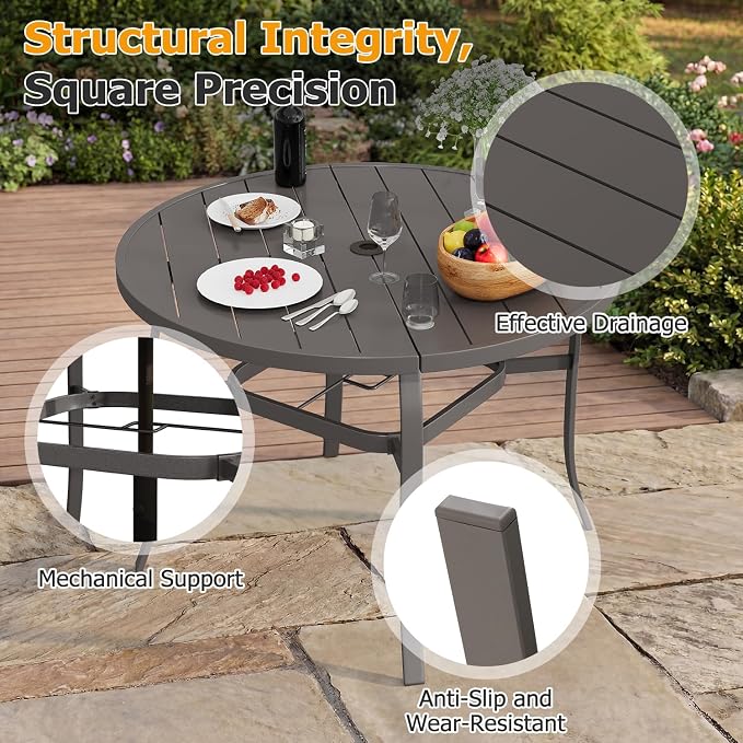 EROMMY 5-Piece Round Outdoor Patio Dining Set, 4 Metal Slat Chairs & Round Table with Umbrella Hole, All-Weather Outdoor Furniture for Backyard, Garden and Poolside