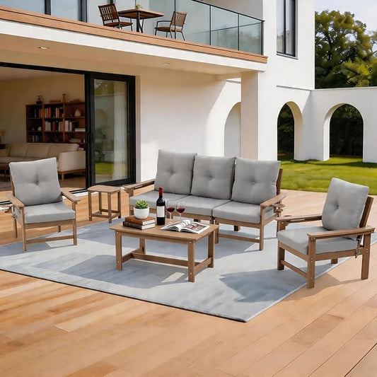 7-Piece HDPE Patio Conversation Set w/ 4 Cup Holders, All-Weather Outdoor Sectional Furniture, Thick Washable Cushions, Coffee Table & Side Table for Backyard Porch Poolside, Brown