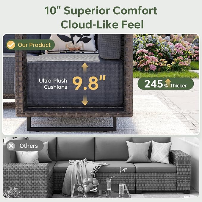 Aoxun Patio Furniture Set, 4 Piece Outdoor Wicker Sectional Sofa Set, All-Weather Rattan with 10'' Ultra-Thick Cushions, Outdoor Conversation Set for Backyard, Poolside and Garden, Brown/Dark Gray