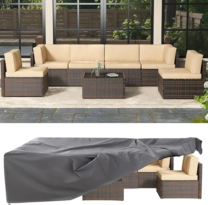 AECOJOY 7 Piece Outdoor Patio Furniture Set, Outdoor Sectional Conversation Furniture Chair with Coffee Table,Patio Sectional for Garden,Backyard(Khaki Cushions and Brown PE Rattan, with Cover)