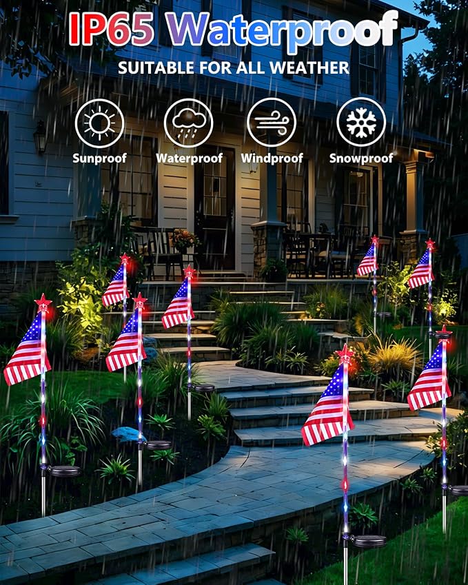 8 Pack American Flag Solar Lights Outdoor, 4th of July Decorations Lights | 2 Modes Red White and Blue Star Lights Waterproof, Solar Patriotic Outdoor for Independence Memorial Day Garden Yard Pathway