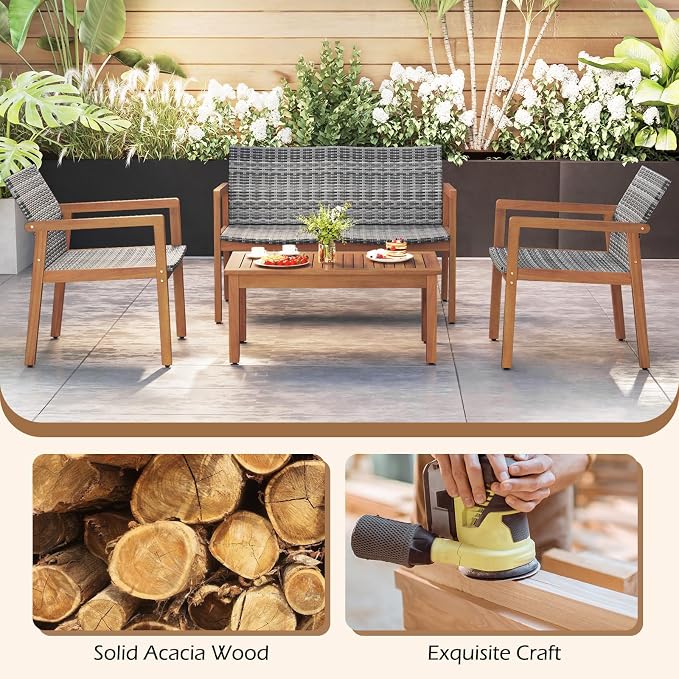 HAPPYGRILL 8-Piece Patio Furniture Set, PE Rattan Patio Bistro Set with Loveseat, Single Chairs & Coffee Table, Outdoor Acacia Wood Conversation Set for Garden, Backyard, Poolside & Porch
